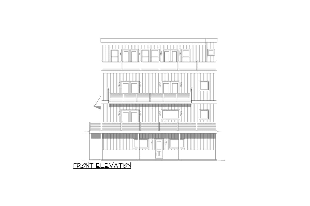 Front elevation drawing of a three-story house plan featuring balconies on each level and horizontal siding.