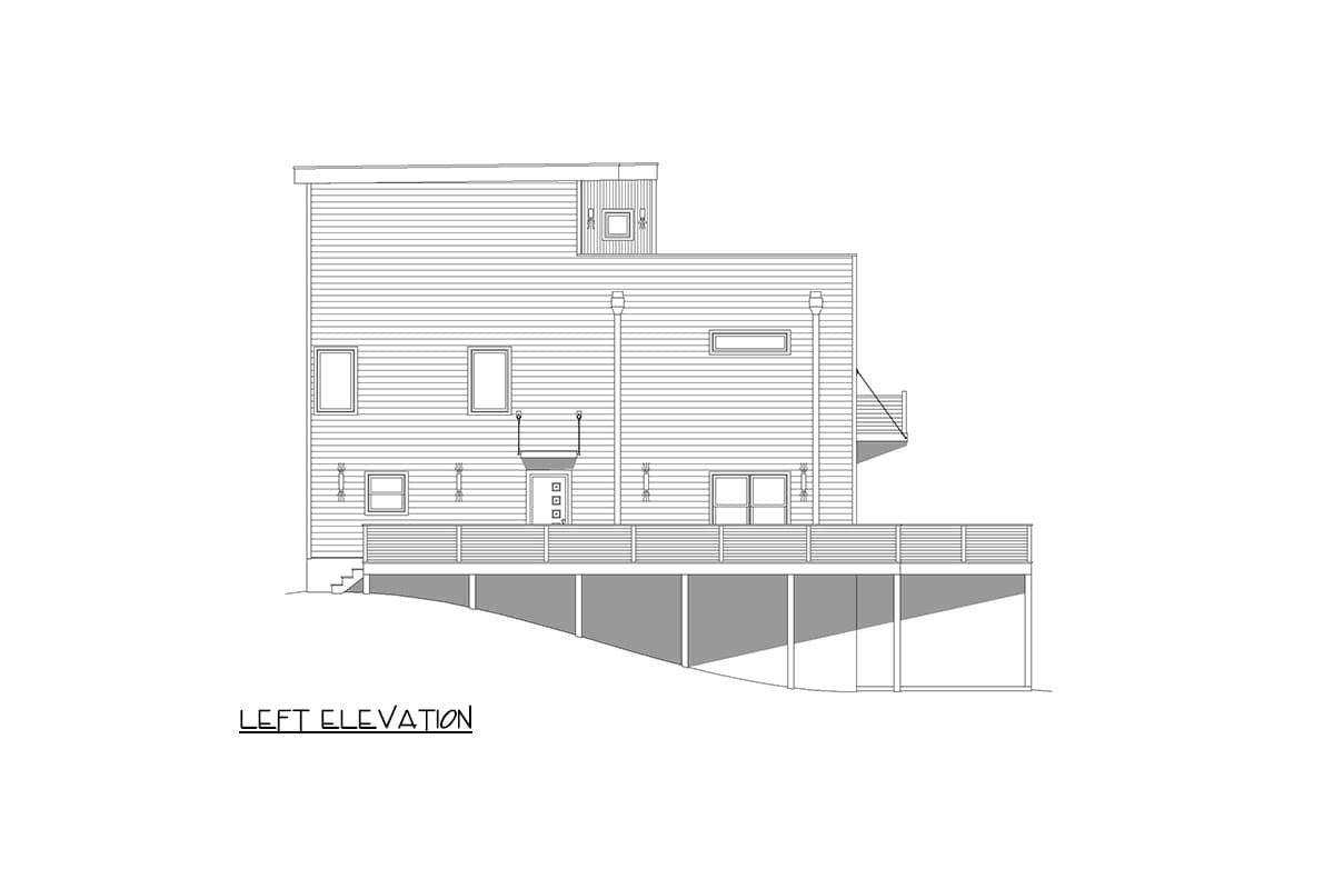 Left elevation drawing of a multi-story house plan with horizontal siding, deck, and multiple windows.