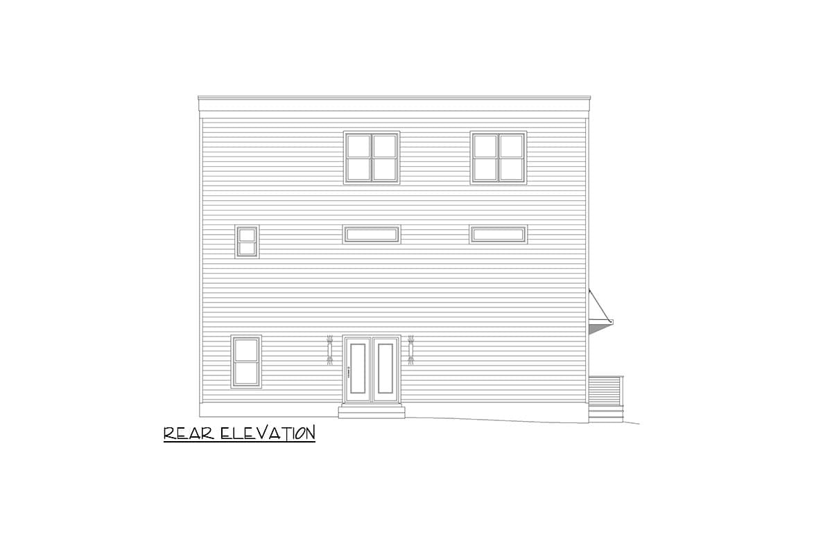 Rear elevation drawing of a three-story house with horizontal siding, double doors, and multiple windows on each level.