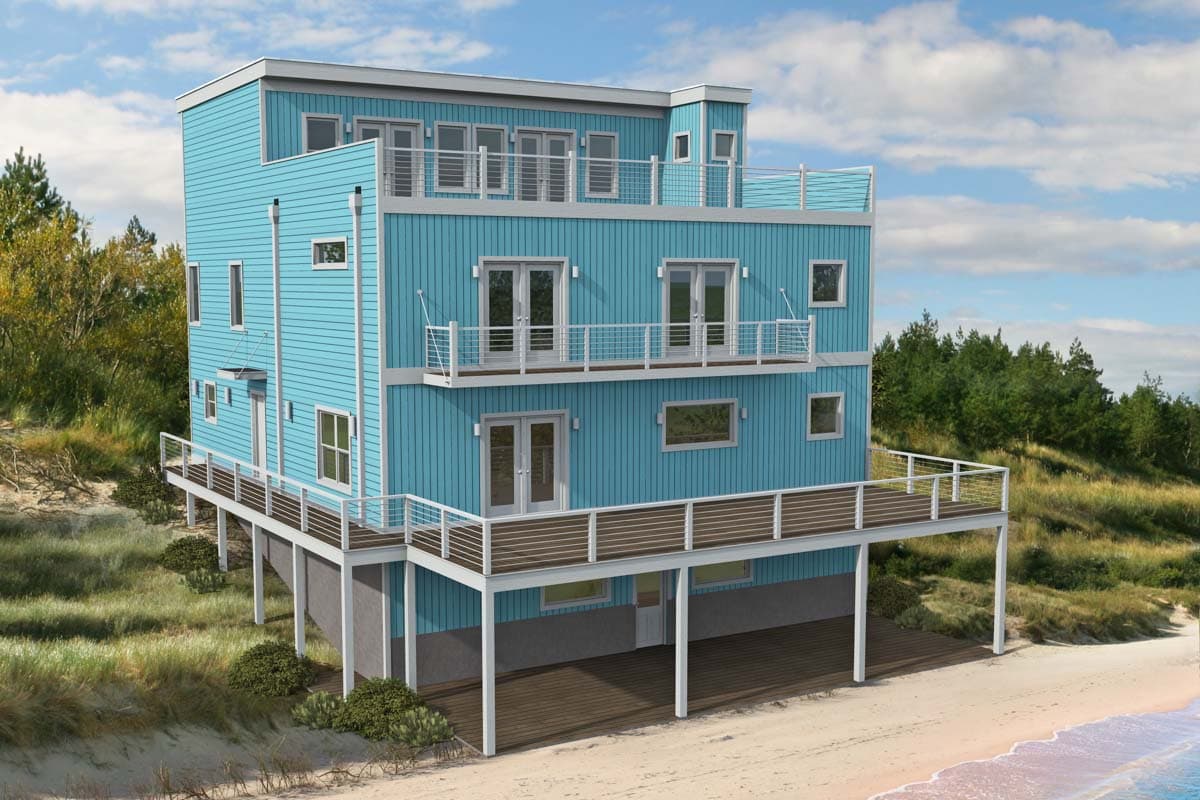 House plan exterior. Modern style, three-story home with balconies, a flat roof, and a raised foundation with decking and a sandy beach background.