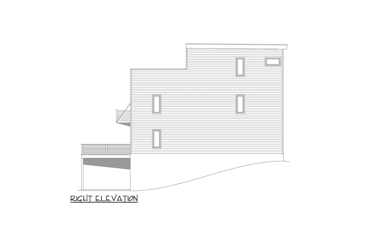 Right elevation drawing of a multi-story house with horizontal siding, multiple windows, and two balconies.