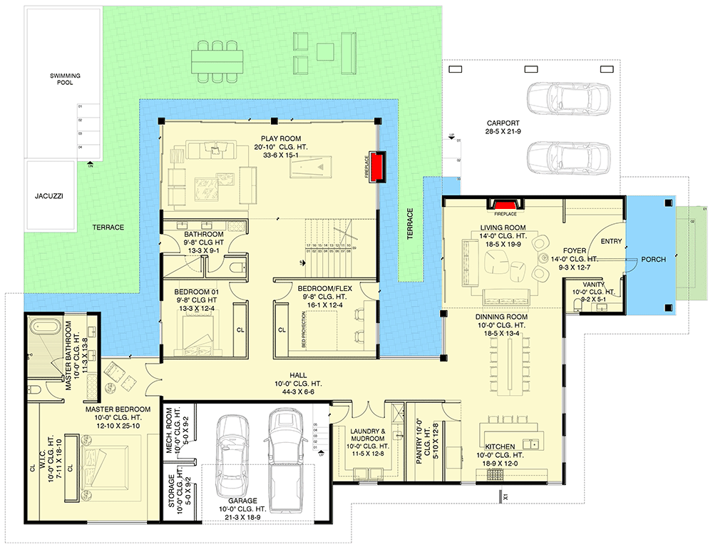 Plan 311045RMZ: Mid-Century Modern House Plan with Two-Story Play Room - 5029 Sq Ft - Floor Plan - Main Level - Mid Century Modern, Modern, New American