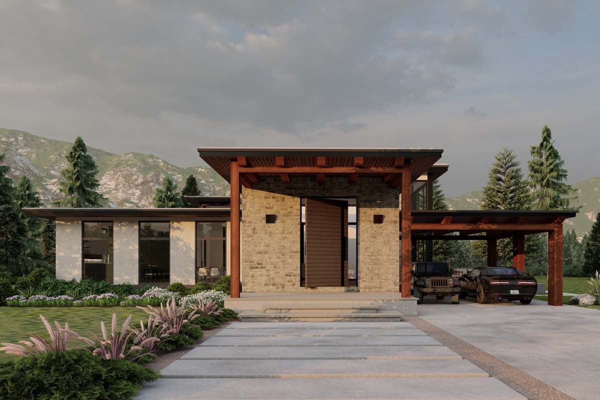 Modern house plan exterior with stone facade, large windows, open-concept porte-cochère, and flat rooflines.
