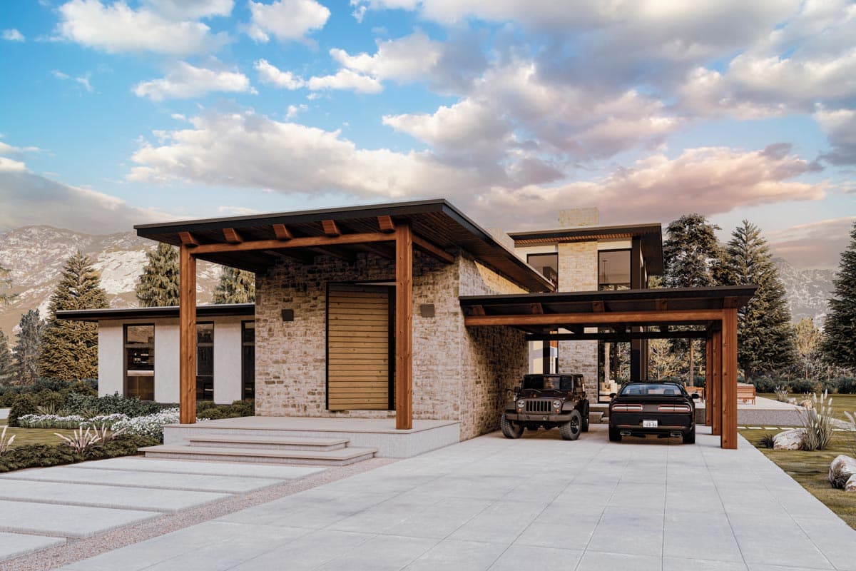 House plan exterior. Modern style with stone facade. Features include carport, wood beam accents, and flat roof. One-story with mountain backdrop.
