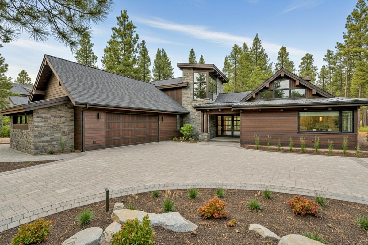 Modern house plan exterior with wood siding, stone accents, prominent gables, and a three-car garage.