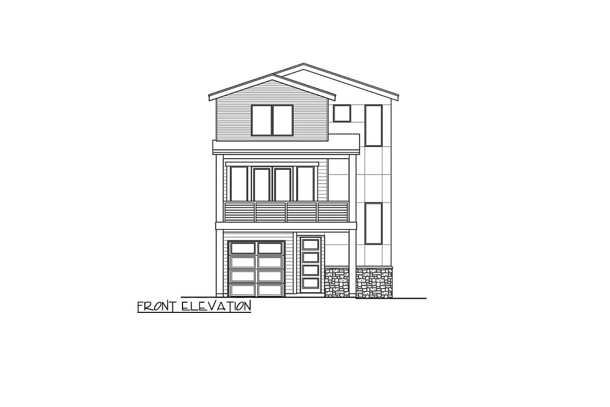 Front elevation drawing of a three-story house with a modern aesthetic, featuring a garage, balcony, and mixed siding.