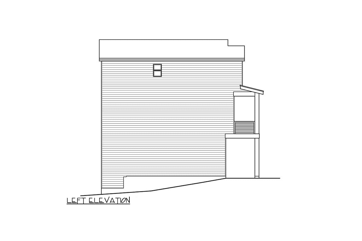 Left elevation drawing of a house plan showing horizontal siding, a small gable roof over a porch, and one small window.
