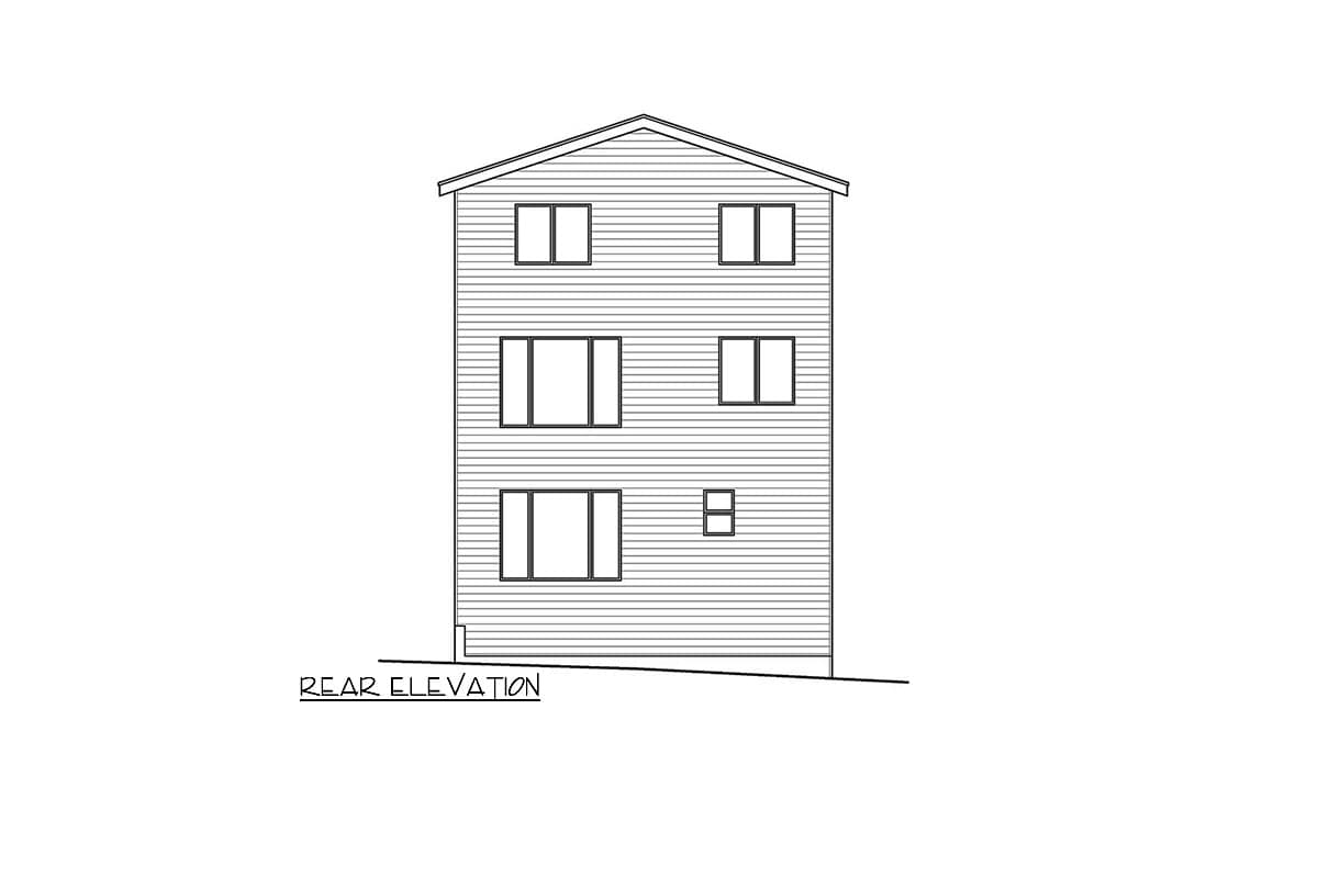 Rear elevation drawing of a three-story house plan with horizontal siding and an asymmetric window arrangement.