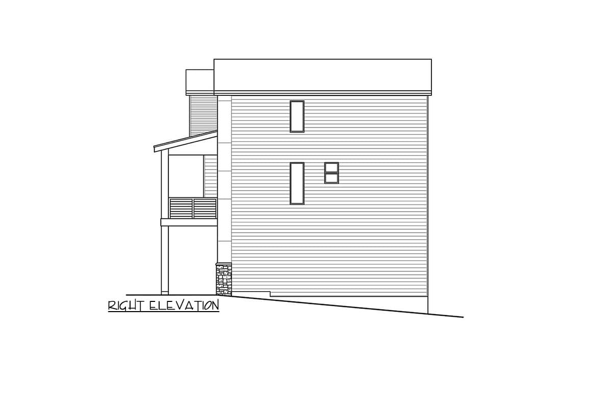 House plan right elevation drawing showing a two-story building with horizontal siding, a covered porch, and stacked windows.
