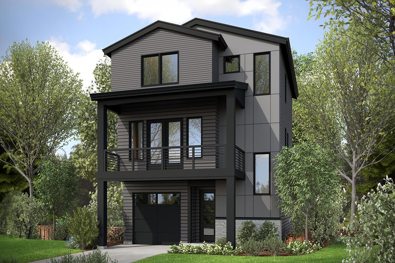 House plan exterior. Modern style, three stories, with a second-story balcony and flat roof. Includes garage and mixed siding.