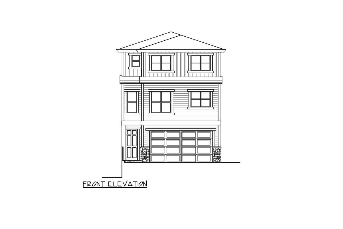 Front elevation drawing of a three-story house with a multi-panel garage door and numerous windows.