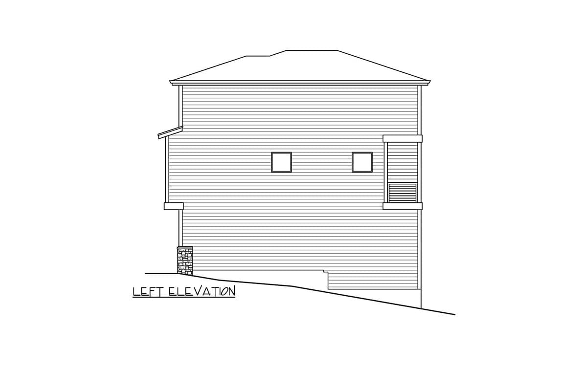 Left elevation drawing of a two-story house plan with horizontal siding, two upper windows, and a stacked stone foundation.