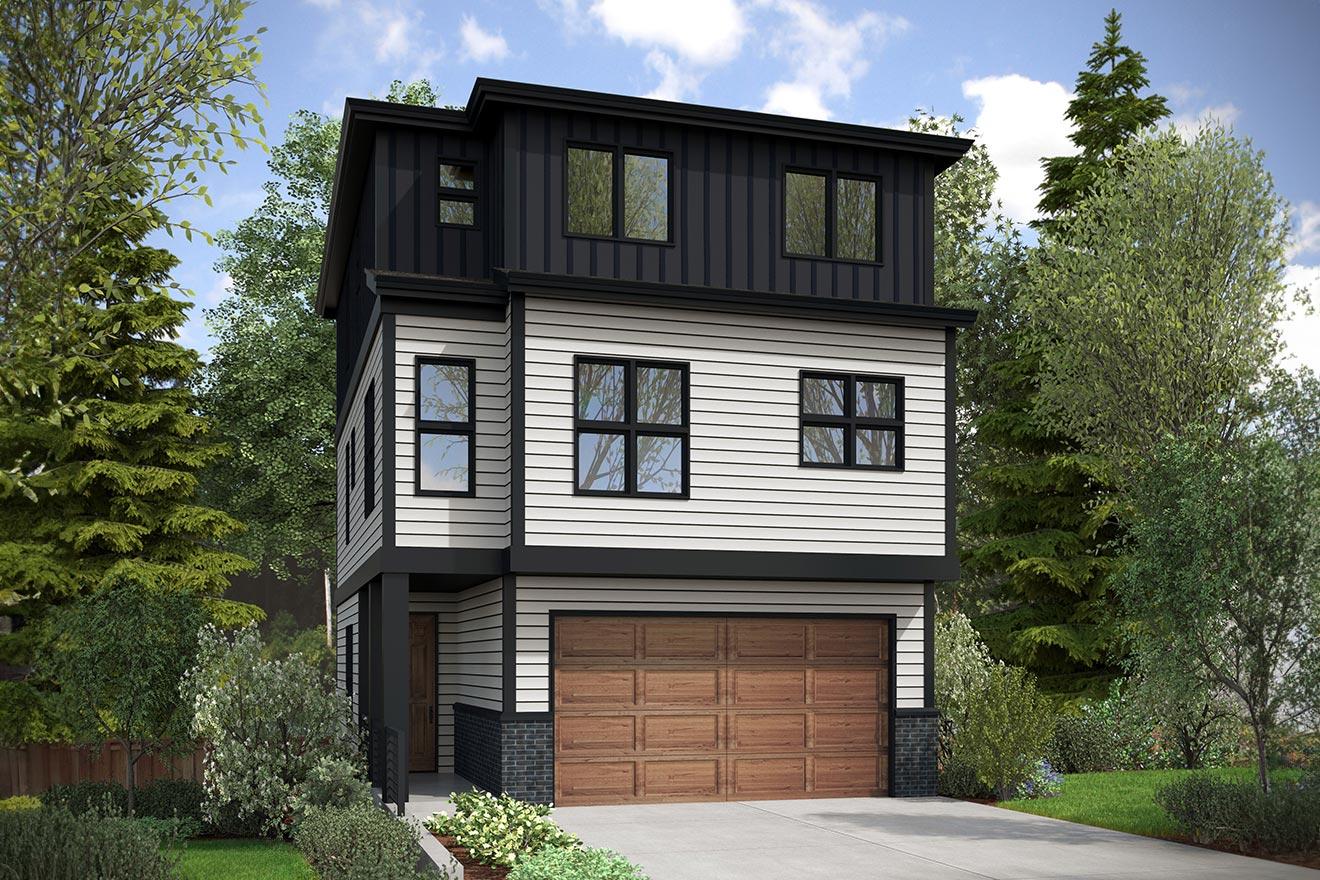 House plan exterior. Modern style, three-story home with a two-car garage, horizontal siding, and flat roof with black accents.