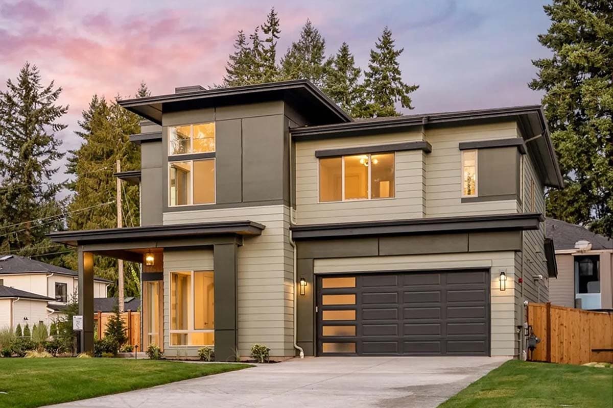 House plan exterior featuring a two-story Modern style with a covered entry, flat roof, and an attached garage with glass panels.