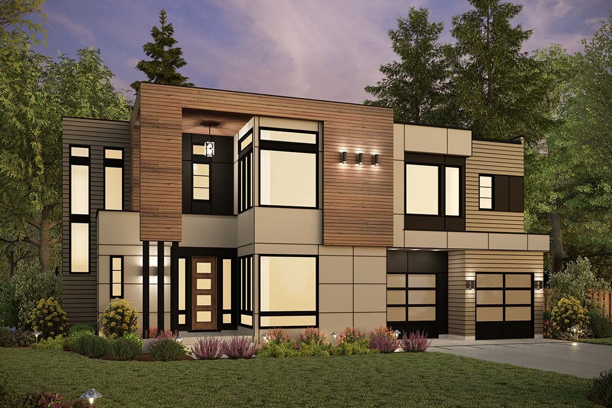 Modern house plan exterior with geometric volumes, wood siding accents, prominent glass entryway, and multiple garage doors.