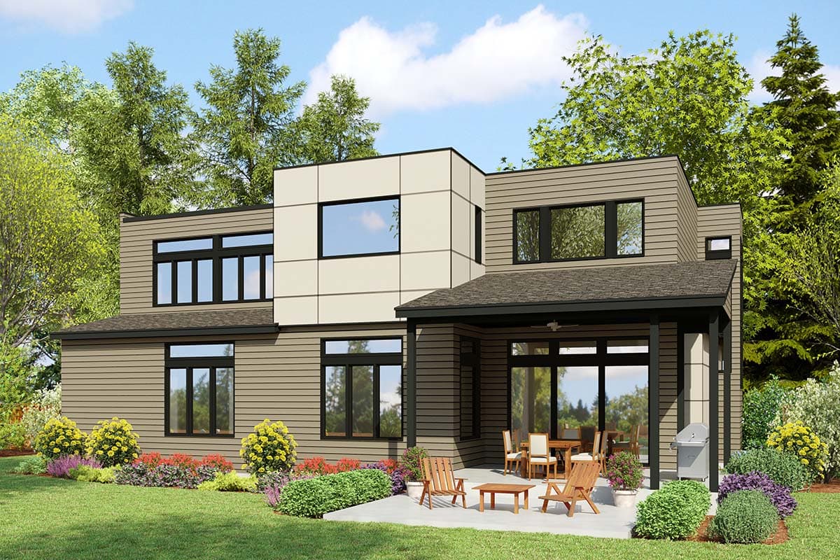 Modern house plan exterior with horizontal siding, two stories, and a covered patio with outdoor dining.