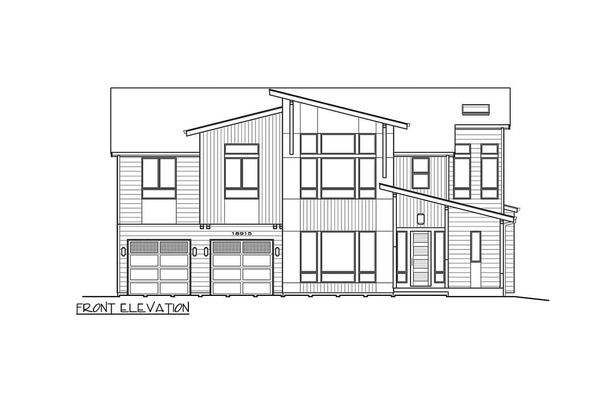 Front elevation drawing of a two-story house plan with a multi-level roof, two garage doors, and large windows.
