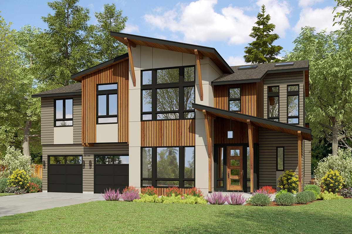 House plan exterior. Two-story Modern house with a low-sloped roof, wood siding accents, and a covered entry. Features an attached garage.