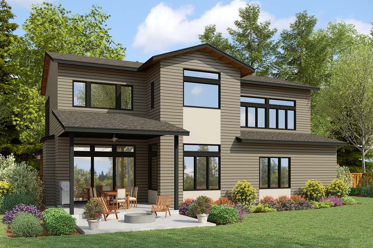 Modern two-story house plan exterior with horizontal siding, a covered patio with outdoor dining, and multiple large windows.