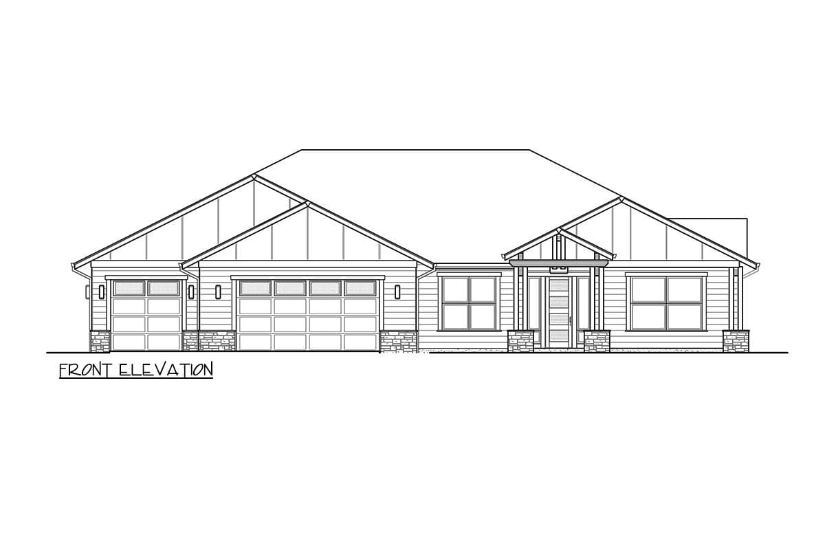 Front elevation drawing of a single-story house with a three-car garage, gabled dormers, and a covered entry.