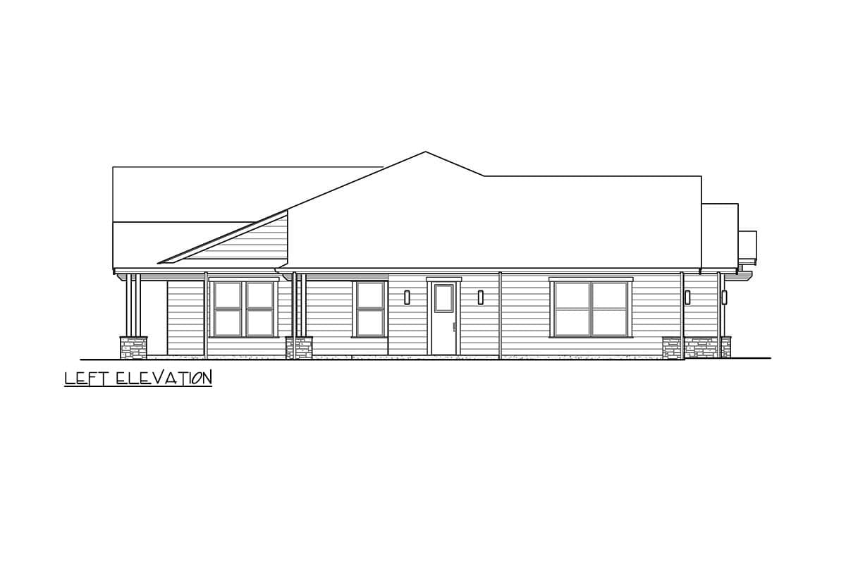 Left elevation house plan of a single-story home with a pitched roof, covered porch, and stone accents.
