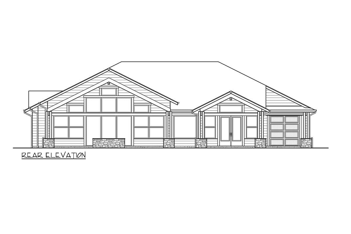 Rear elevation drawing of a one-story house with a covered entry, large windows, and a two-car garage.