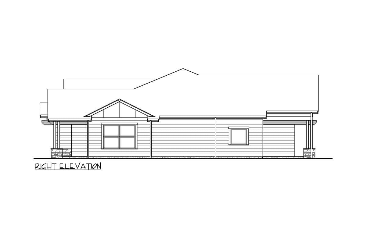 Right elevation house plan, one story, with gabled entry porch and varying rooflines.