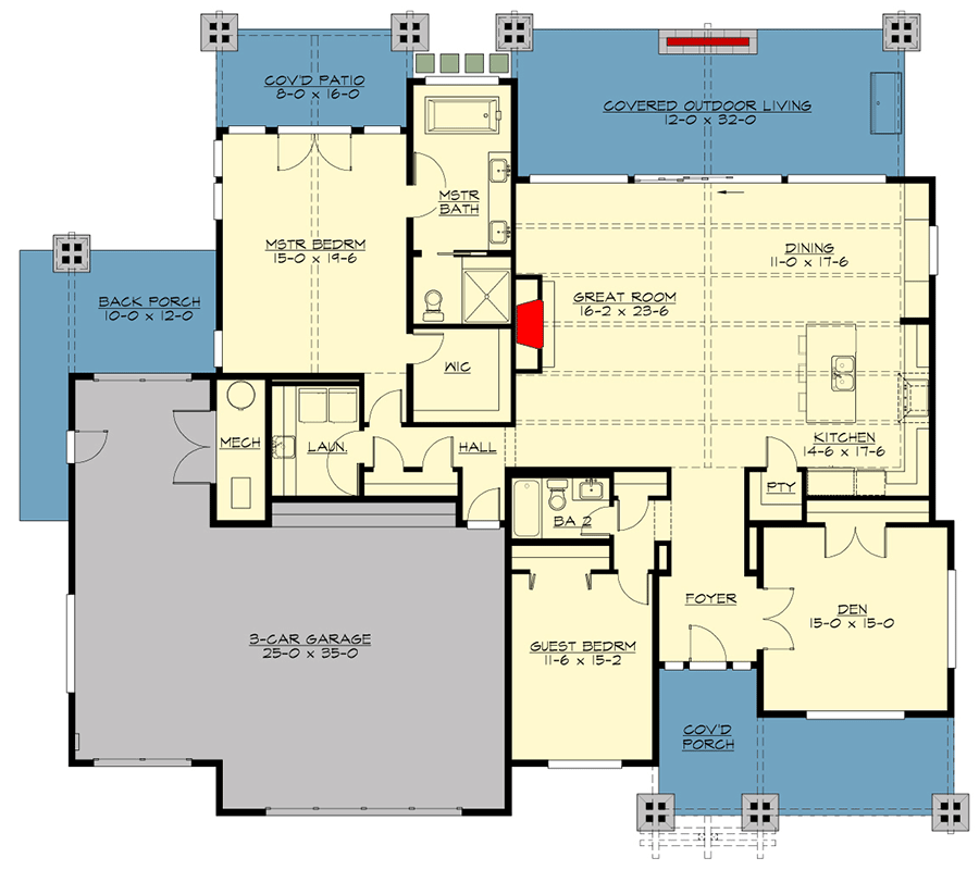 Plan 23948JD: One Story Craftsman House Plan with 2 Bed - Architectural Designs - 2265 Sq Ft - Floor Plan - Main Level - Craftsman, Ranch