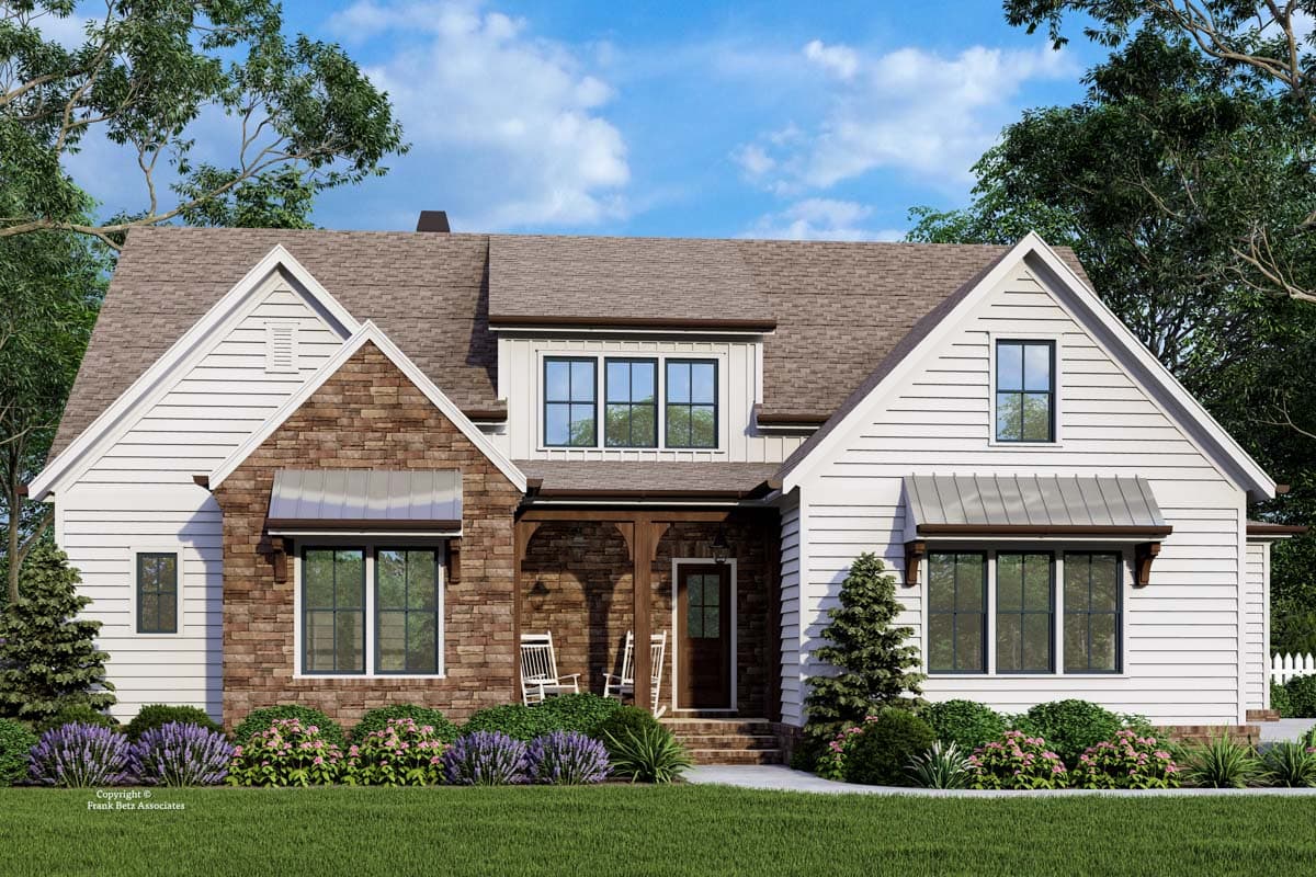 House plan exterior. Two-story Modern Farmhouse with gables, a covered porch, stone accents, and metal awnings over windows.