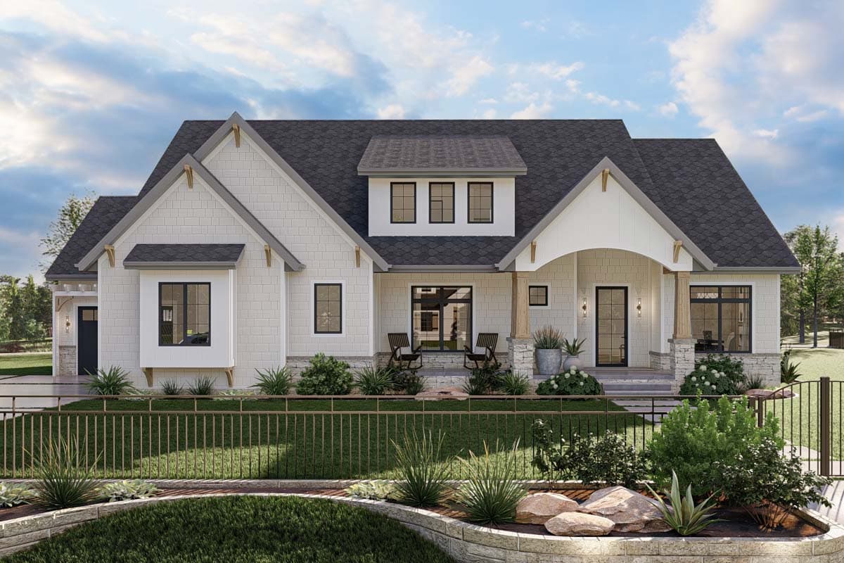 House plan exterior. Two-story Modern Farmhouse with gables, a covered porch with columns, and a dormer. Features clapboard siding.