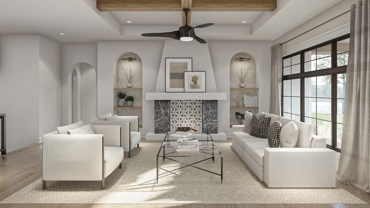 Interior rendering of a great room with vaulted ceiling, exposed beams, fireplace, and large windows.