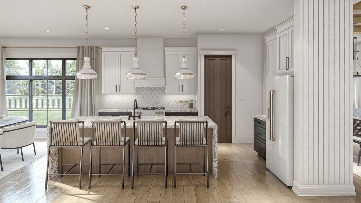 Interior rendering of an open-concept kitchen with a large island, white cabinetry, and a prominent range hood.