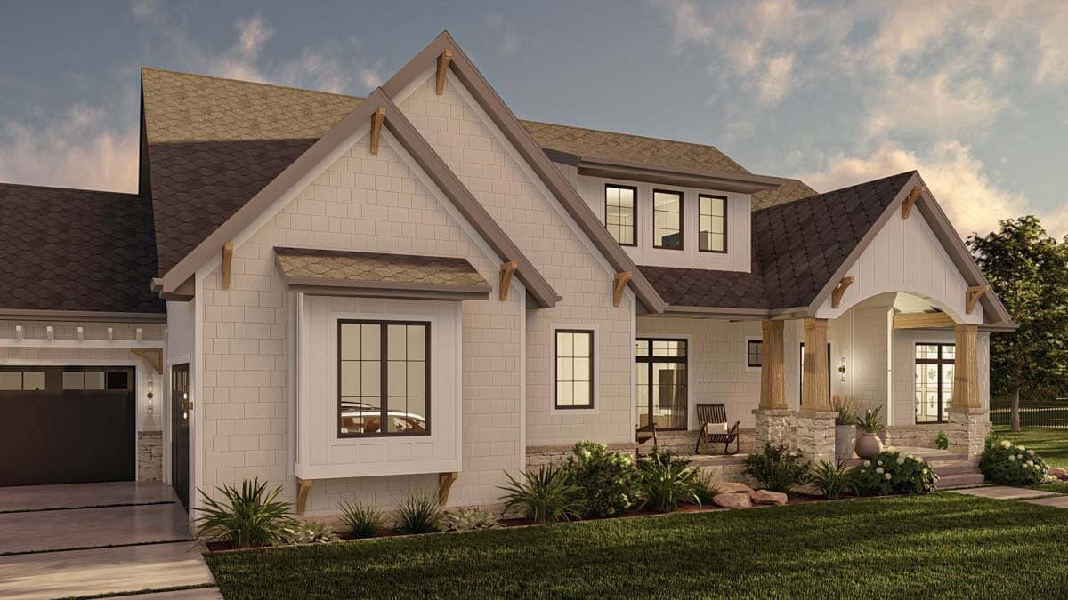House plan exterior rendering of a two-story Modern Farmhouse with a covered porch, prominent gables, and a bay window.