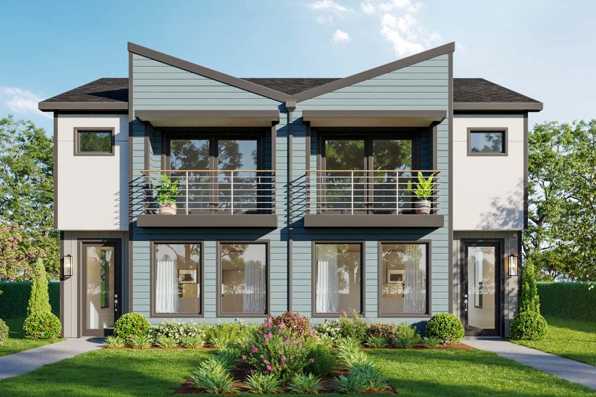 House plan exterior. Two-story, Modern design with a unique roofline, balconies, and exterior siding. Includes small balconies.