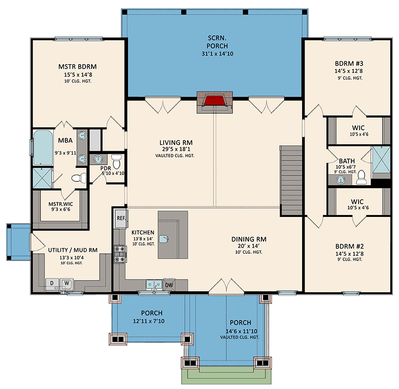 Plan 510249WDY: Country Craftsman House Plan Under 2700 Sq Ft with Upstairs Loft - Architectural Designs - Floor Plan - Main Level - Country, New American, Rustic