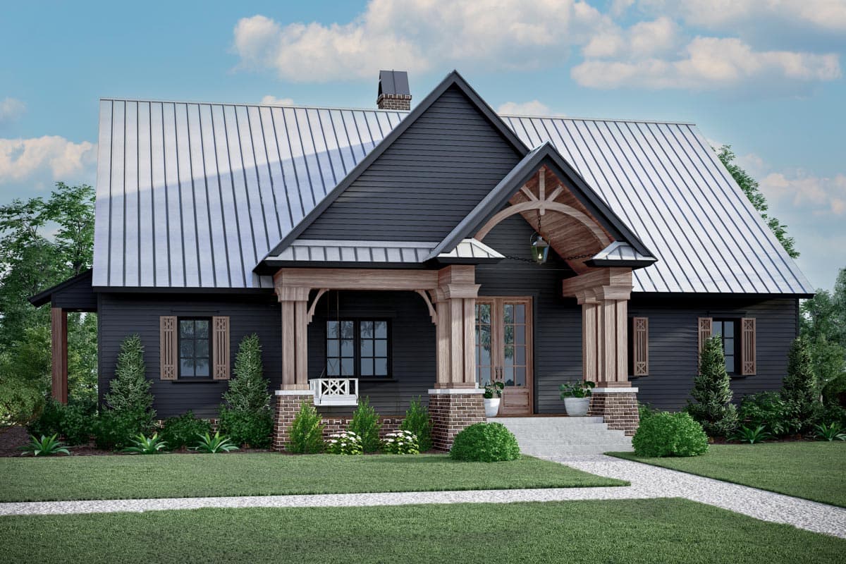 House plan exterior. Craftsman style, one story. Features include a front porch with a swing, gabled roof, and wood columns.