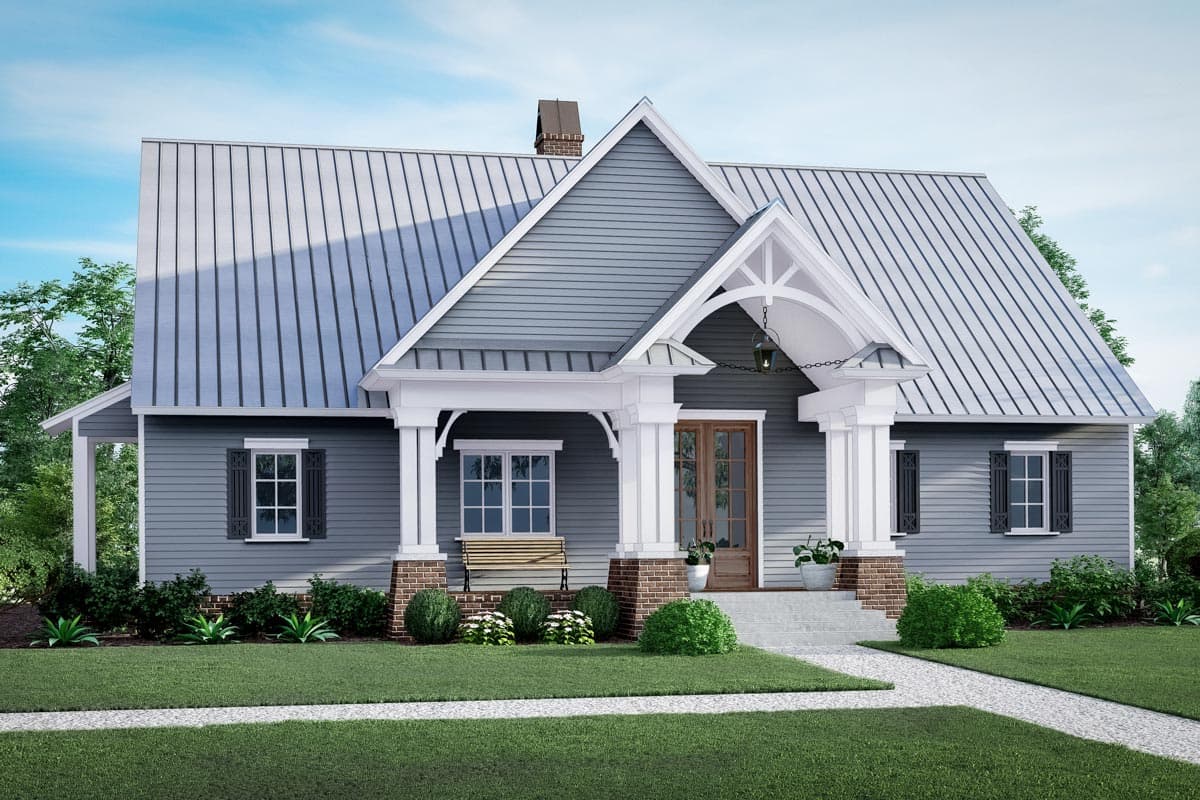 House plan exterior: Modern Farmhouse style, one-and-a-half stories, with a metal gable roof, large front porch, and dormer.
