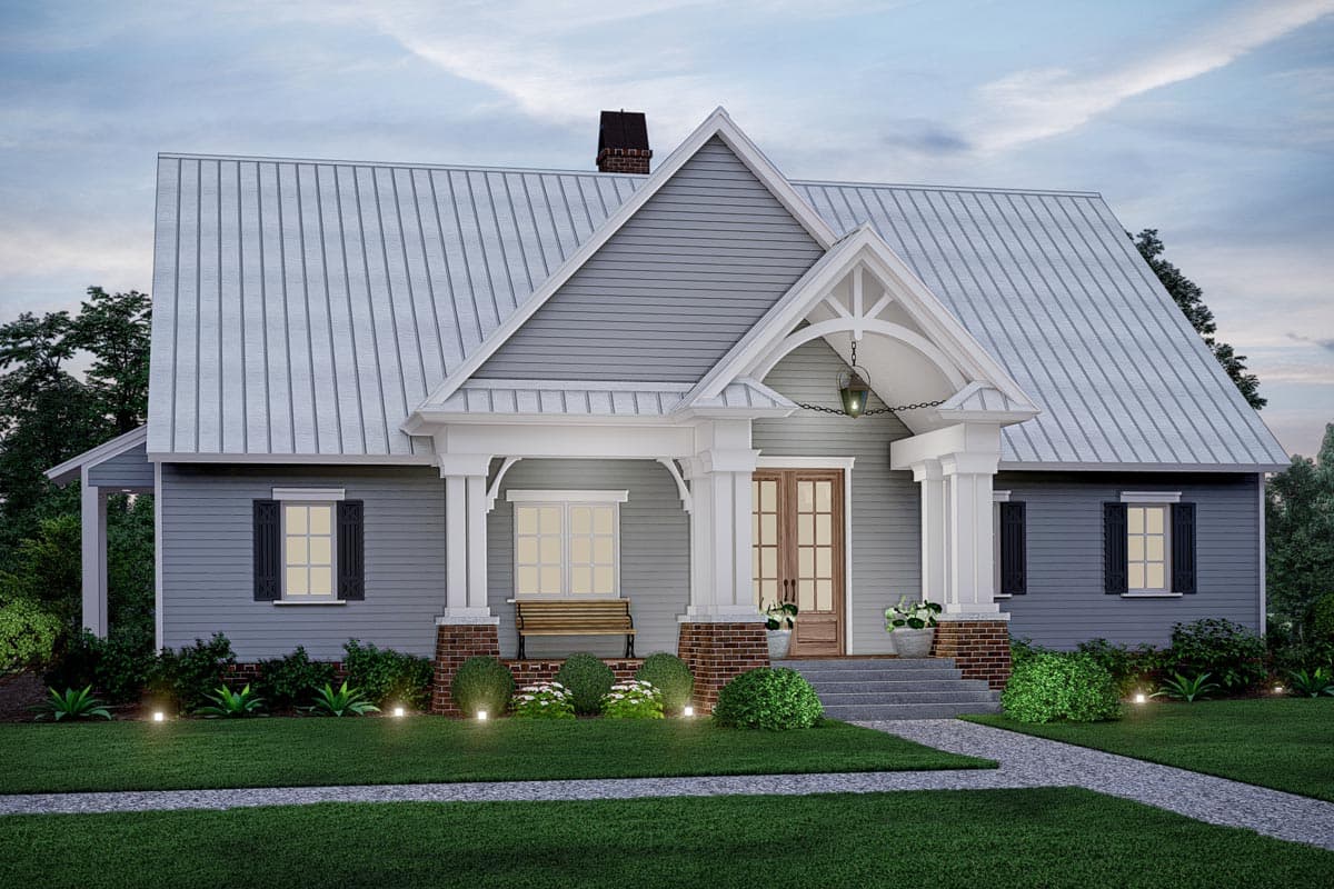 Modern Farmhouse house plan exterior with metal roof, front porch with decorative gable, double front doors, and shutters.