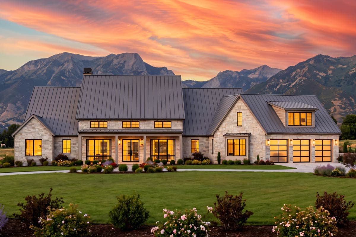 House plan exterior of a modern farmhouse with stone accents, metal roof, covered porch, and triple garage doors.