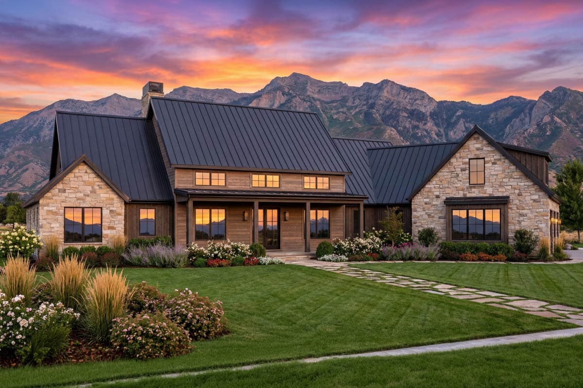 Modern Farmhouse house plan exterior with stone and wood siding, metal roof, and covered porch with stone accents.