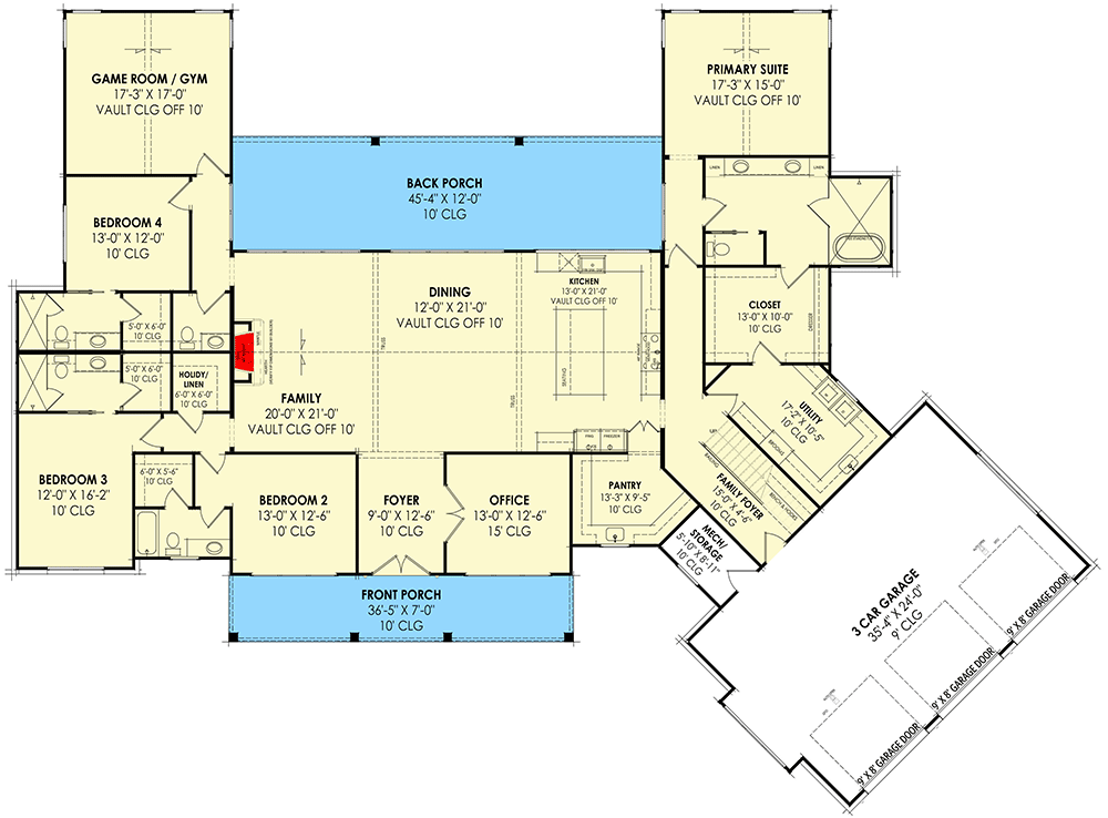 Plan 818093JSS: 4 Bed Modern Farmhouse with Angled Garage - 3817 Sq Ft - Floor Plan - Main Level - Farmhouse, Hill Country, Modern Farmhouse, New American