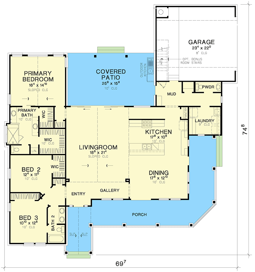 Plan 31222D: Hill Country House Plan with Wrap Around Porch - 2552 Sq Ft - Architectural Designs - Floor Plan - Main Level - Country, Hill Country