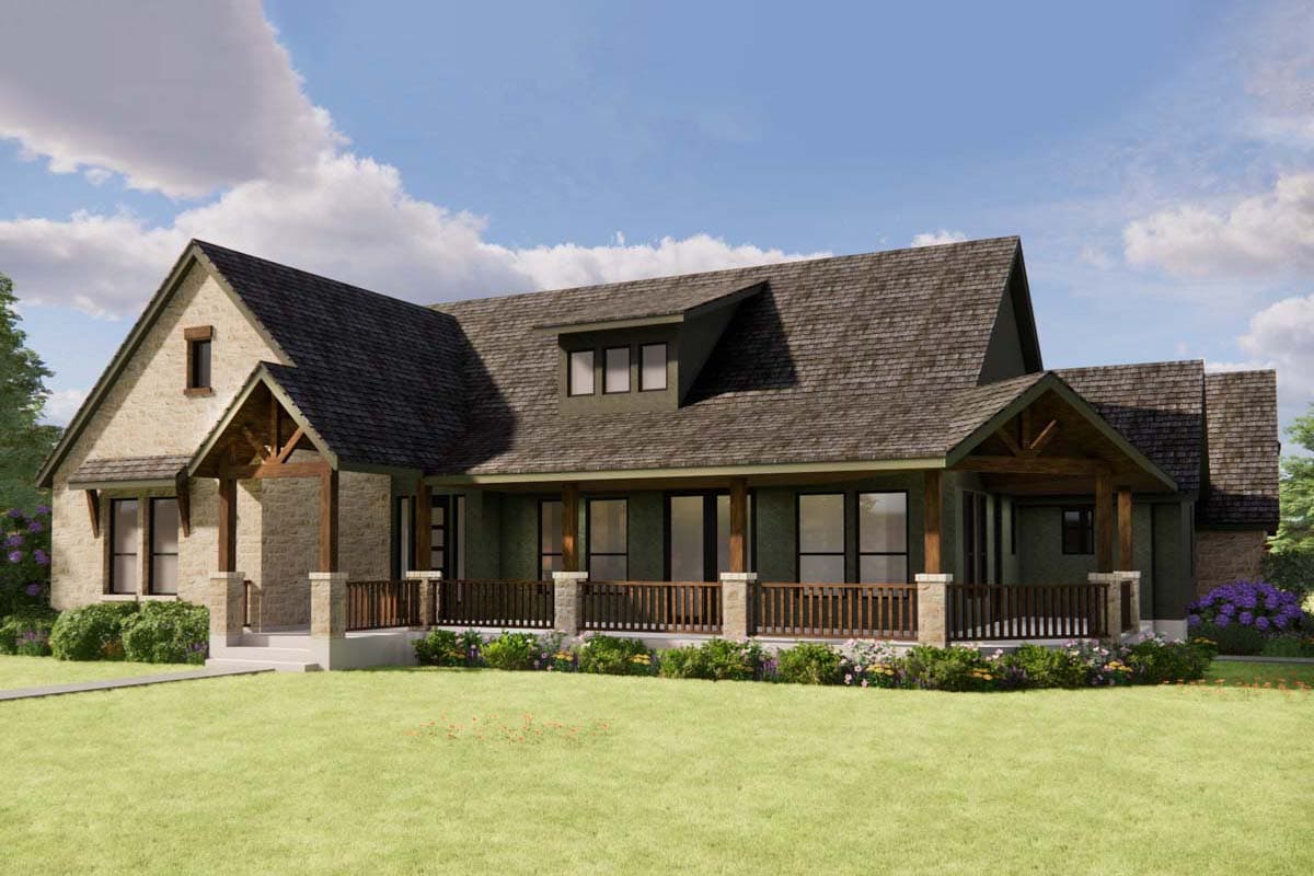 House plan exterior. Craftsman style with stone facade and gabled roofline. Features include a front porch with timber supports and a dormer.