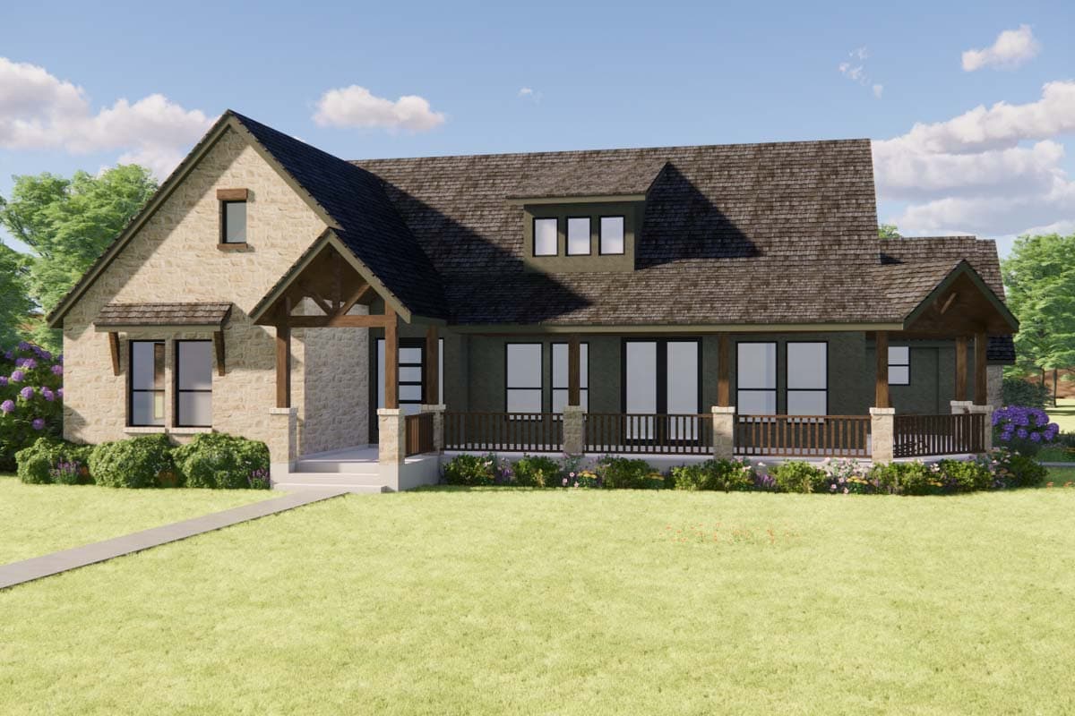 House plan exterior: Two-story Modern Farmhouse with stone accents, covered porch, dormers, and prominent gables.