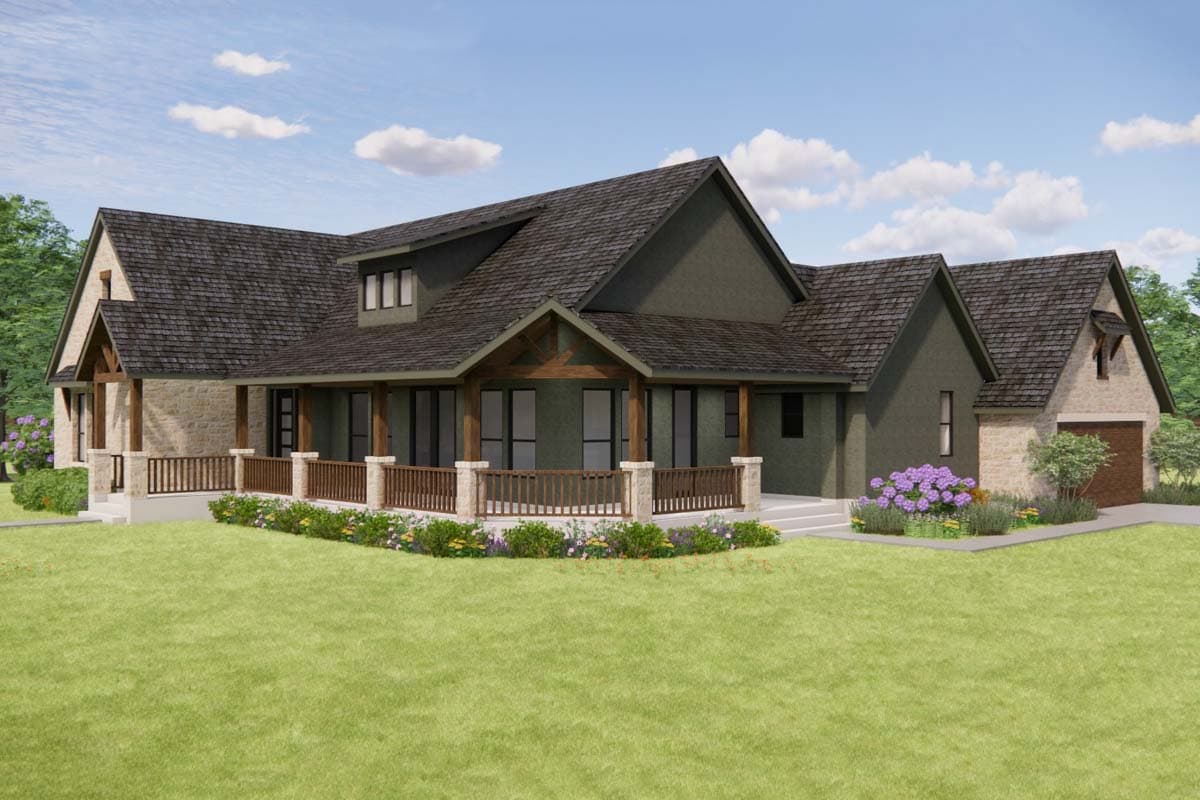 House plan exterior: Modern Farmhouse style, two stories, large wrap-around porch, stone accents, and a gabled dormer.