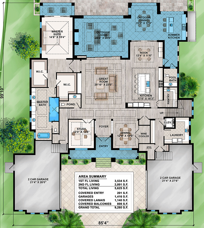 Plan 86117BW: 4-Bed Coastal Contemporary House Plan with 4-Car Garage - 5625 Sq Ft - Floor Plan - Main Level - Coastal Contemporary, European, Florida-Style, Mediterranean, Transitional