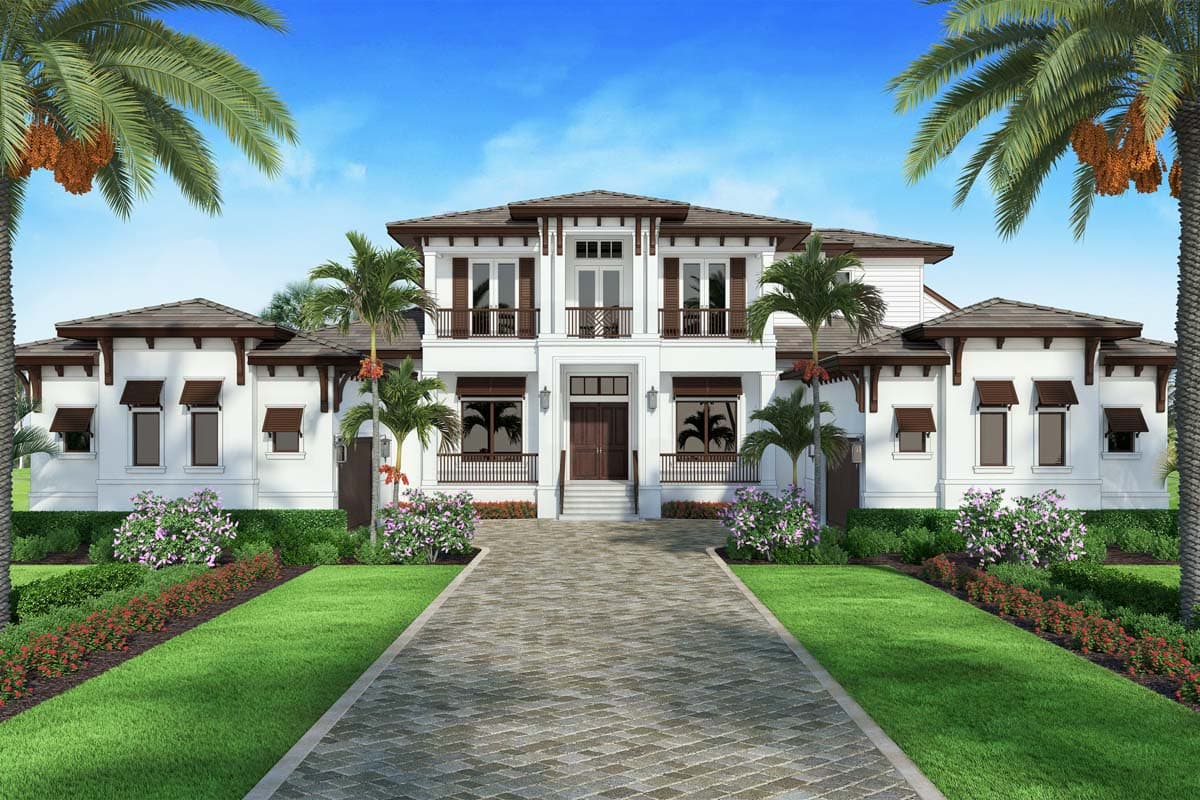 House plan exterior with two stories. Features include a symmetrical facade, balconies with railings, and a hip roofline with dormers.