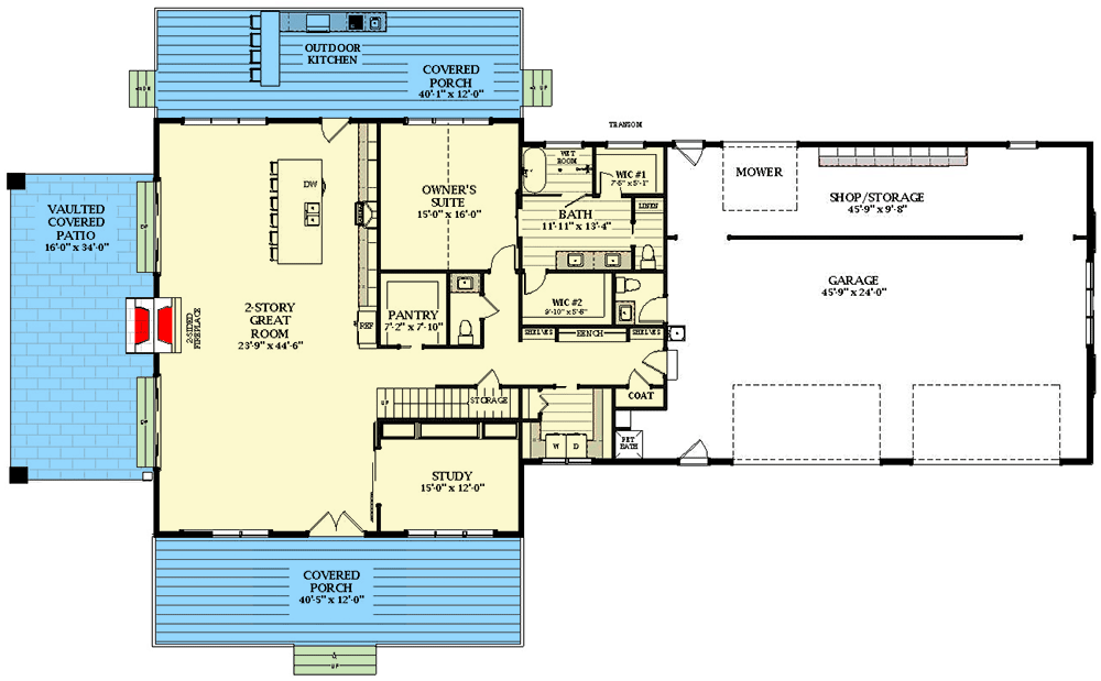 Plan 46508LA: Barndominium-Style House Plan with Outdoor Fireplace and Kitchen - 4075 Sq Ft - Floor Plan - Main Level - Barndominium, Country, Rustic, Traditional