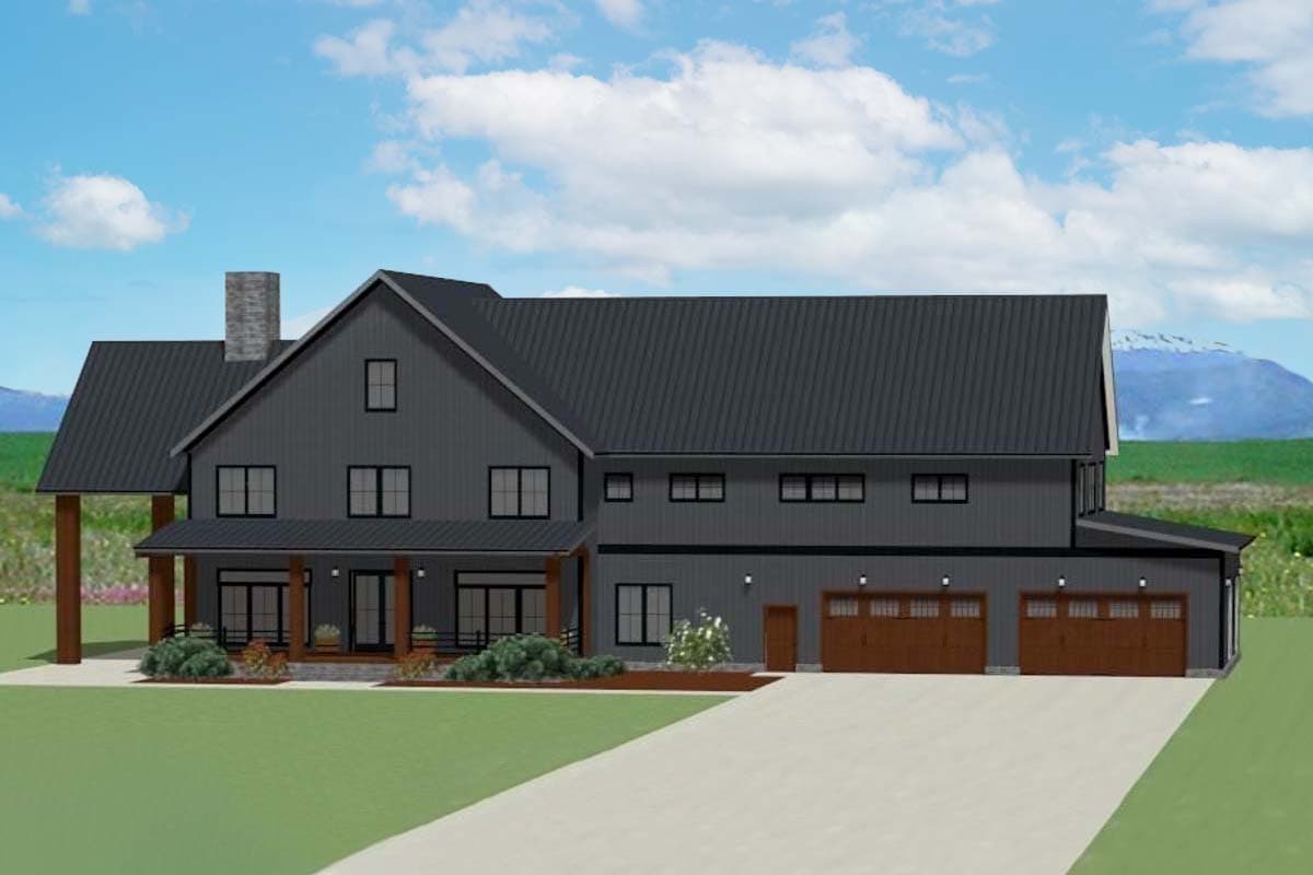 House plan exterior rendering. Modern Farmhouse style with two stories, a front porch, gables, and a three-car garage. Features dark siding and roof.