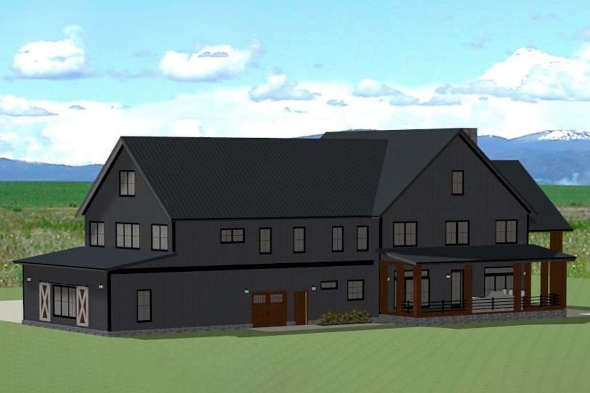 Modern Farmhouse house plan exterior with dark metal siding, gabled rooflines, a covered porch, and attached garage.